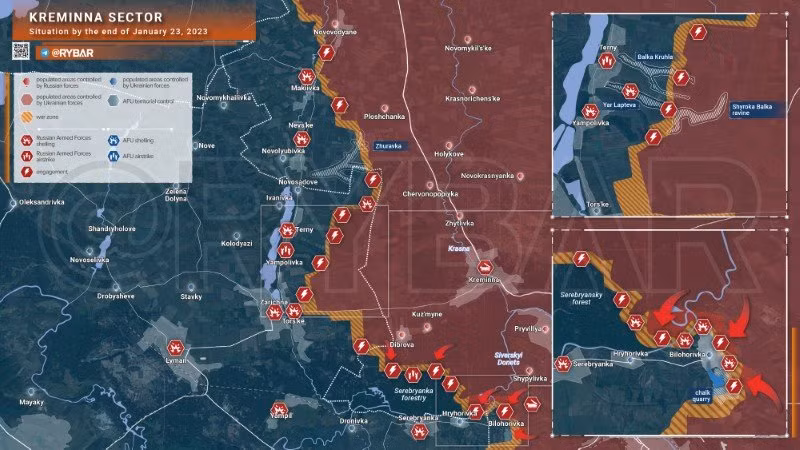 Bản đồ chiến sự Ukraine ngày 23/1, khu vực Kreminna. (Ảnh: Rybar)