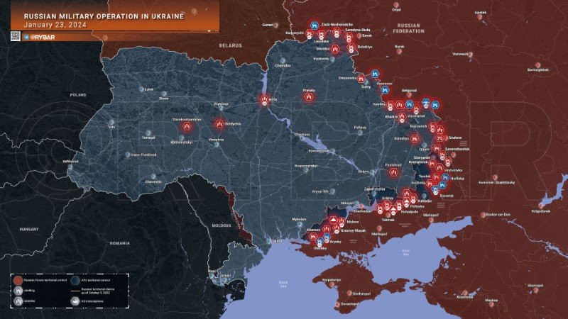 Bản đồ chiến sự Ukraine ngày 23/1. (Ảnh: Rybar)