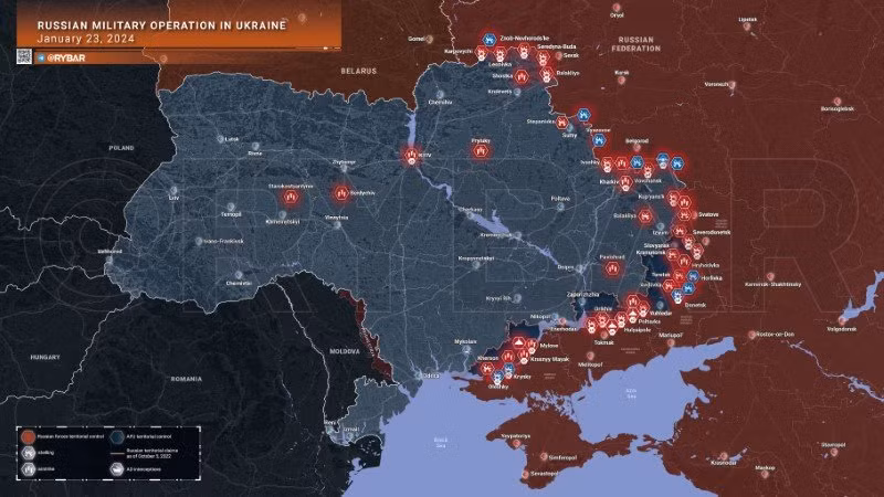 Bản đồ chiến sự Ukraine ngày 23/1. (Ảnh: Rybar)