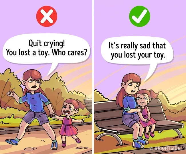 Không nói: Nín ngay! Con mất đồ chơi thì ai quan tâm chứ! Hãy nói: Thật là buồn khi con bị mất đồ chơi.. Không nói: Nín ngay! Con mất đồ chơi thì ai quan tâm chứ! Hãy nói: Thật là buồn khi con bị mất đồ chơi..