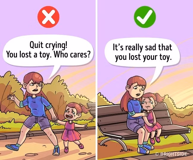 Không nói: Nín ngay! Con mất đồ chơi thì ai quan tâm chứ! Hãy nói: Thật là buồn khi con bị mất đồ chơi.. Không nói: Nín ngay! Con mất đồ chơi thì ai quan tâm chứ! Hãy nói: Thật là buồn khi con bị mất đồ chơi..