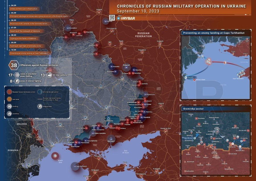 Bản đồ chiến sự Ukraine ngày 10/9/2023. (Ảnh: Rybar). Bản đồ chiến sự Ukraine ngày 10/9/2023. (Ảnh: Rybar).