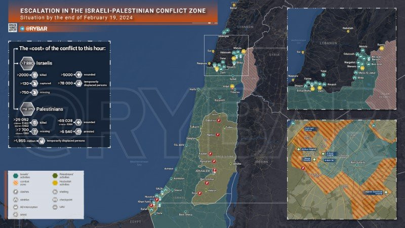 Bản đồ xung đột Israel - Hamas ngày 19/2. (Ảnh: Rybar) Bản đồ xung đột Israel - Hamas ngày 19/2. (Ảnh: Rybar)