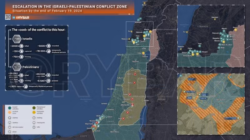 Bản đồ xung đột Israel - Hamas ngày 19/2. (Ảnh: Rybar)