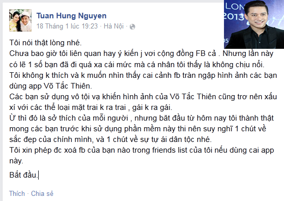 Tuấn Hưng cấm cửa facebook với Võ Tắc Thiên