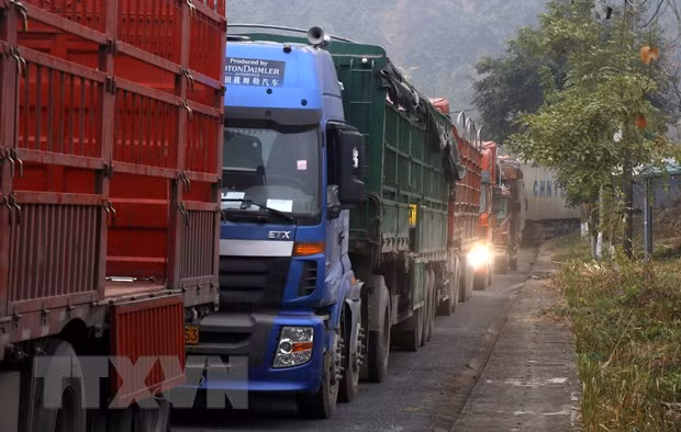 Hàng trăm xe ùn tắc tại cửa khẩu đường bộ số II Kim Thành chờ thông quan. (Ảnh: Quốc Khánh/TTXVN)