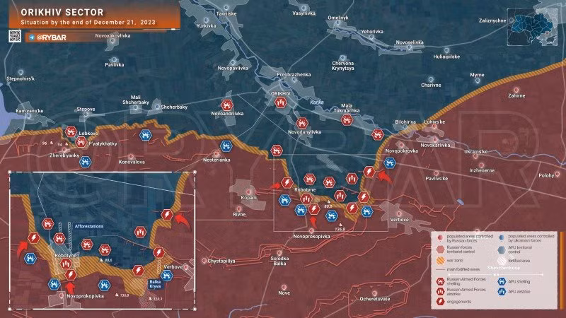 Bản đồ chiến sự Ukraine ngày 21/12. (Ảnh: Rybar).