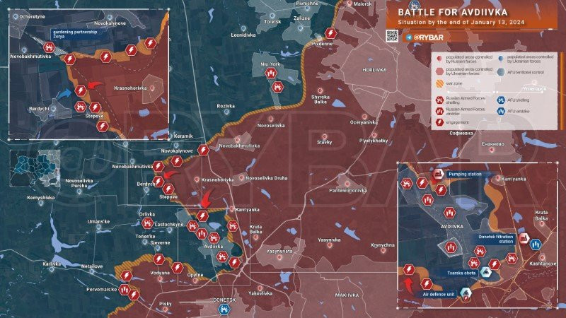 Bản đồ chiến sự Ukraine ngày 13/1, khu vực Avdeevka. (Ảnh: Rybar)