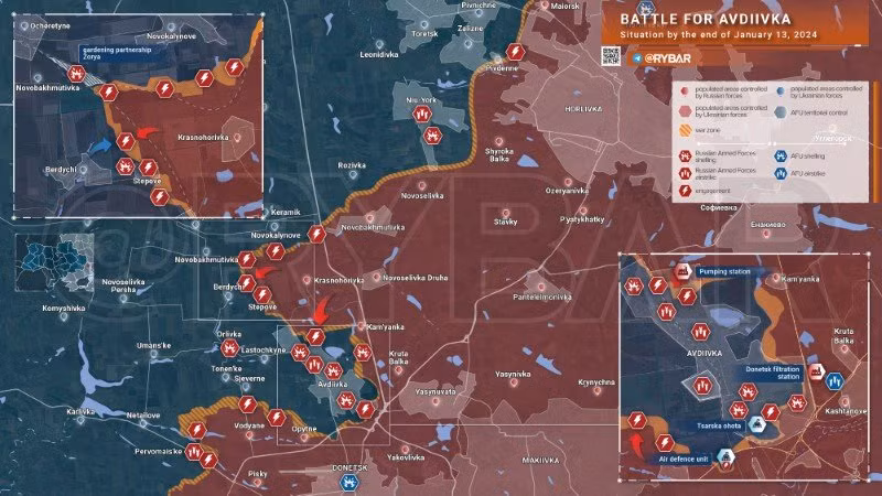 Bản đồ chiến sự Ukraine ngày 13/1, khu vực Avdeevka. (Ảnh: Rybar)