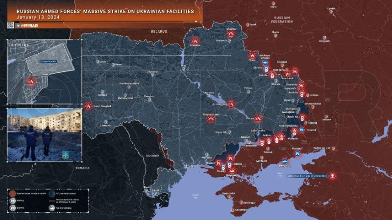 Bản đồ chiến sự Ukraine ngày 13/1. (Ảnh: Rybar)