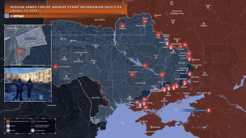 Bản đồ chiến sự Ukraine ngày 13/1. (Ảnh: Rybar)