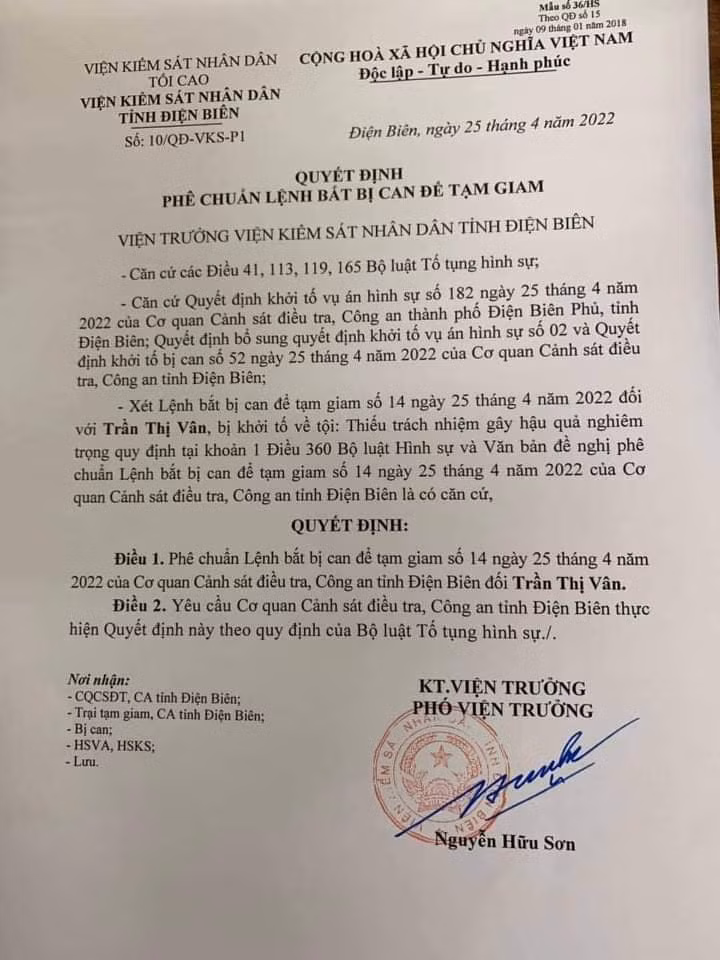 Quyết định phê chuẩn lệnh bắt tạm giam bà Trần Thị Vân của cơ quan Viện kiểm sát nhân dân tỉnh Điện Biên.