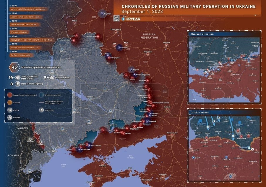 Bản đồ chiến sự Ukraine ngày 1/9. Ảnh: Rybar. Bản đồ chiến sự Ukraine ngày 1/9. Ảnh: Rybar.
