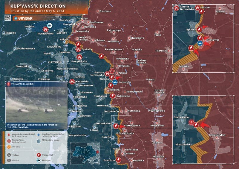 Bản đồ chiến sự Ukraine ngày 5/5, hướng Kupyansk. (Ảnh: Rybar) Bản đồ chiến sự Ukraine ngày 5/5, hướng Kupyansk. (Ảnh: Rybar)