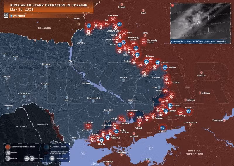 Bản đồ chiến sự Ukraine ngày 10/5. (Ảnh: Rybar)