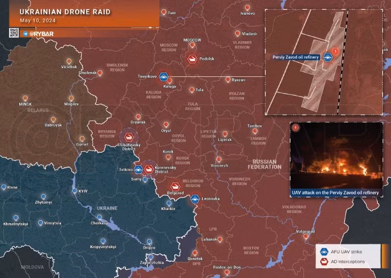Bản đồ các mục tiêu bị tập kích bởi máy bay không người lái của quân đội Ukraine. (Ảnh: Rybar)