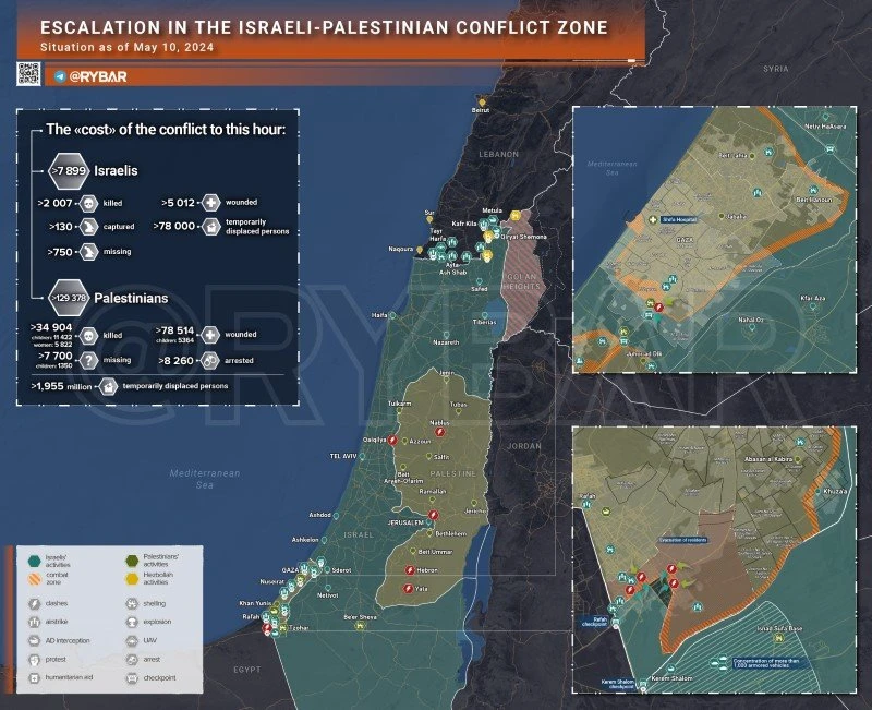 Bản đồ xung đột Israel - Hamas ngày 10/5. (Ảnh: Rybar)