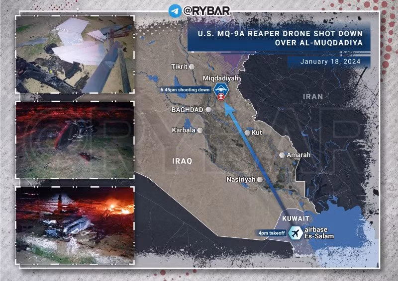 Vị trí được cho là nơi UAV MQ-9A Reaper bị bắn rơi. (Ảnh: Rybar) Vị trí được cho là nơi UAV MQ-9A Reaper bị bắn rơi. (Ảnh: Rybar)