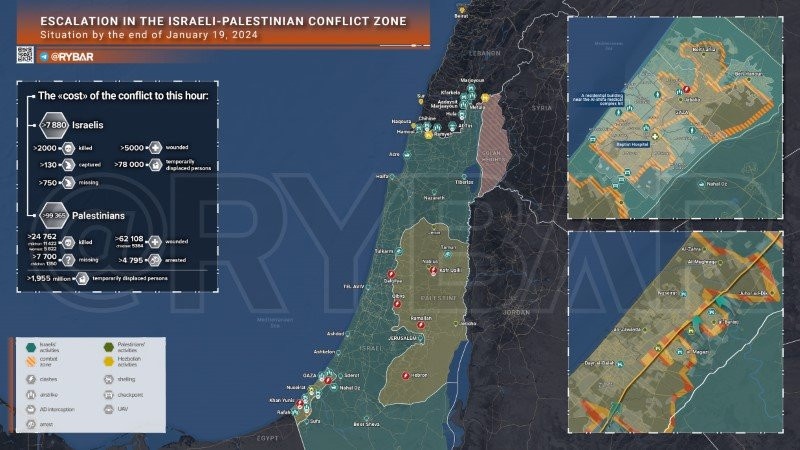 Bản đồ xung đột Israel - Hamas ngày 19/1. (Ảnh: Rybar) Bản đồ xung đột Israel - Hamas ngày 19/1. (Ảnh: Rybar)