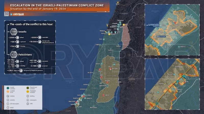 Bản đồ xung đột Israel - Hamas ngày 19/1. (Ảnh: Rybar)