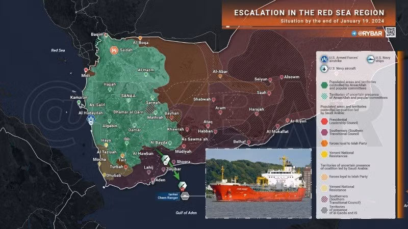 Tình hình xung quanh khu vực Biển Đỏ - Yemen ngày 19/1. (Ảnh: Rybar)