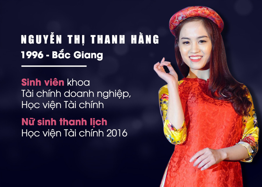 Đêm chung kết Sinh viên thanh lịch Học viện Tài chính 2016, Nguyễn Thị Thanh Hằng đã dành liên tiếp hai giải thưởng là tài năng và danh hiệu cao nhất cuộc thi. Cô gái là thành viên tích cực của CLB Bạn yêu âm nhạc HVTC. Xem chi tiết . Đêm chung kết Sinh viên thanh lịch Học viện Tài chính 2016, Nguyễn Thị Thanh Hằng đã dành liên tiếp hai giải thưởng là tài năng và danh hiệu cao nhất cuộc thi. Cô gái là thành viên tích cực của CLB Bạn yêu âm nhạc HVTC. Xem chi tiết .
