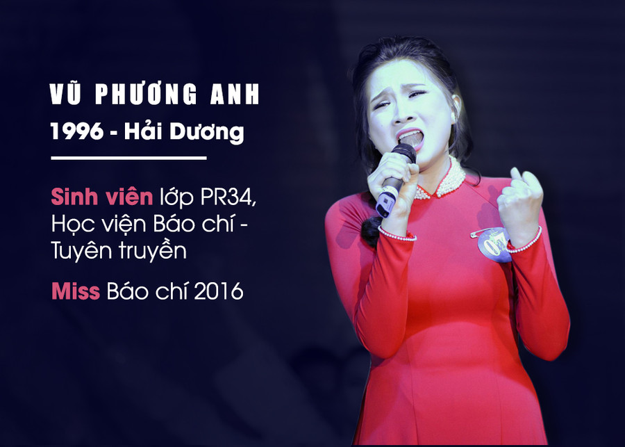 Với giọng hát truyền cảm qua bài hát "Biết ơn chị Võ Thị Sáu", Vũ Phương Anh xuất sắc vượt qua 9 thí sinh trong đêm chung kết để trở thành Hoa khôi Học viện Báo chí và Tuyên truyền. Cô gái 20 tuổi từng đoạt Giải quán quân và tài năng Cuộc thi nét đẹp Tràng An quận Hà Đông 2014, top 20 chung kết Duyên dáng Hà thành 2014, Giải nhất Đơn ca Giai điệu Tuổi Hồng 2012. Xem chi tiết . Với giọng hát truyền cảm qua bài hát "Biết ơn chị Võ Thị Sáu", Vũ Phương Anh xuất sắc vượt qua 9 thí sinh trong đêm chung kết để trở thành Hoa khôi Học viện Báo chí và Tuyên truyền. Cô gái 20 tuổi từng đoạt Giải quán quân và tài năng Cuộc thi nét đẹp Tràng An quận Hà Đông 2014, top 20 chung kết Duyên dáng Hà thành 2014, Giải nhất Đơn ca Giai điệu Tuổi Hồng 2012. Xem chi tiết .