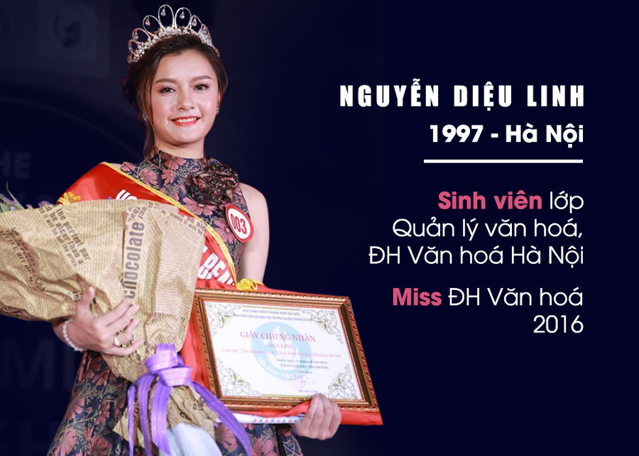 Tân Hoa khôi Đại học Văn hóa sở hữu ngoại hình ưa nhìn, chiều cao lý tưởng 1,7 m, là Phó bí thư đa tài của lớp 16C. Cô gái có năng khiếu múa, hát, làm MC và còn là mẫu ảnh quen thuộc nhiều shop thời trang. Nguyễn Diệu Linh từng lọt Top 20 cuộc thi Duyên dáng Hà thành. Xem chi tiết . Tân Hoa khôi Đại học Văn hóa sở hữu ngoại hình ưa nhìn, chiều cao lý tưởng 1,7 m, là Phó bí thư đa tài của lớp 16C. Cô gái có năng khiếu múa, hát, làm MC và còn là mẫu ảnh quen thuộc nhiều shop thời trang. Nguyễn Diệu Linh từng lọt Top 20 cuộc thi Duyên dáng Hà thành. Xem chi tiết .