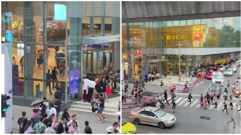 Người dân chạy ra khỏi trung tâm thương mại Siam Paragon ở Bangkok. Người dân chạy ra khỏi trung tâm thương mại Siam Paragon ở Bangkok.