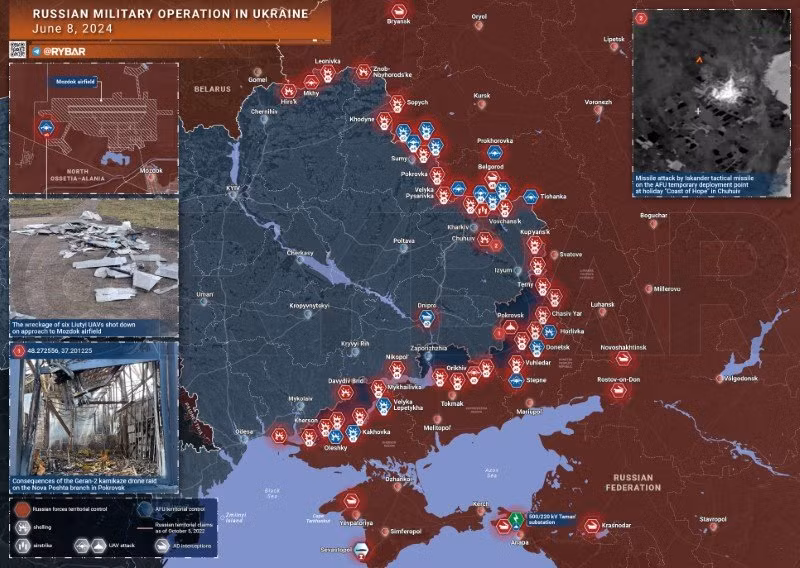 Bản đồ chiến sự Ukraine ngày 8/6. (Ảnh: Rybar)