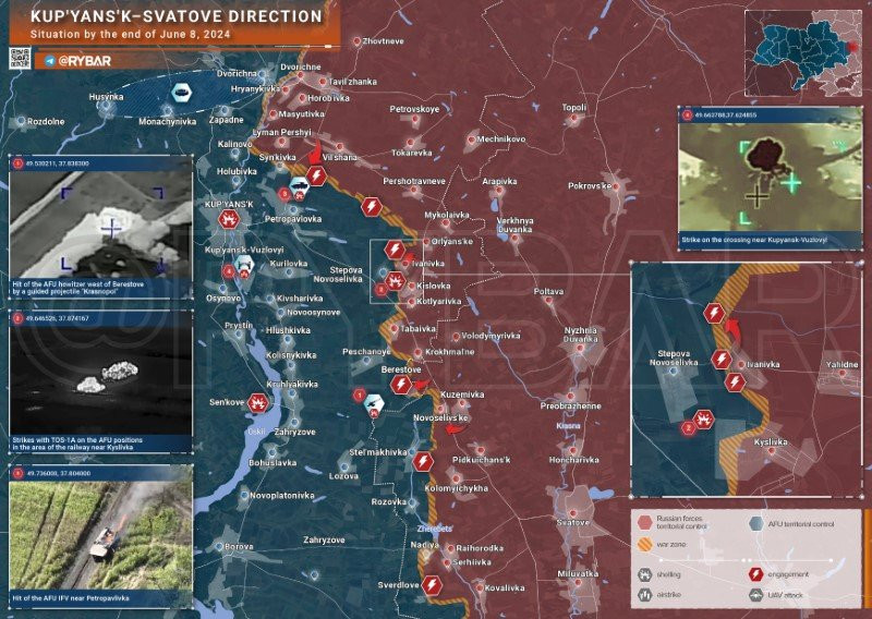 Bản đồ chiến sự Ukraine ngày 8/6, hướng Kupyansk. (Ảnh: Rybar) Bản đồ chiến sự Ukraine ngày 8/6, hướng Kupyansk. (Ảnh: Rybar)