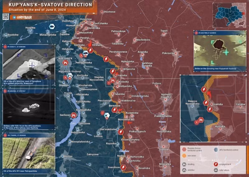 Bản đồ chiến sự Ukraine ngày 8/6, hướng Kupyansk. (Ảnh: Rybar)