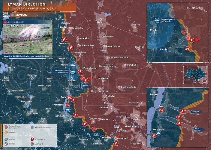 Bản đồ chiến sự Ukraine ngày 8/6, hướng Lyman. (Ảnh: Rybar) Bản đồ chiến sự Ukraine ngày 8/6, hướng Lyman. (Ảnh: Rybar)