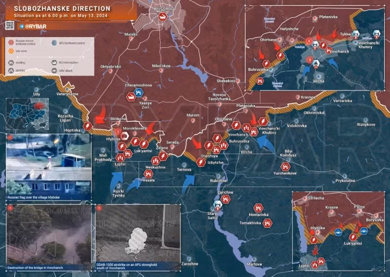 Bản đồ chiến sự Ukraine ngày 13/5, hướng Slobozhanske. (Ảnh: Rybar)