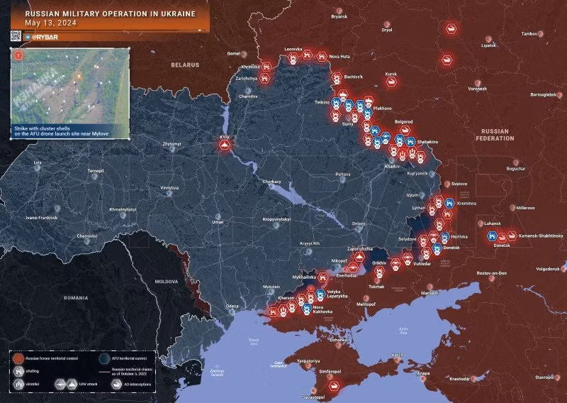 Bản đồ chiến sự Ukraine ngày 13/5. (Ảnh: Rybar)