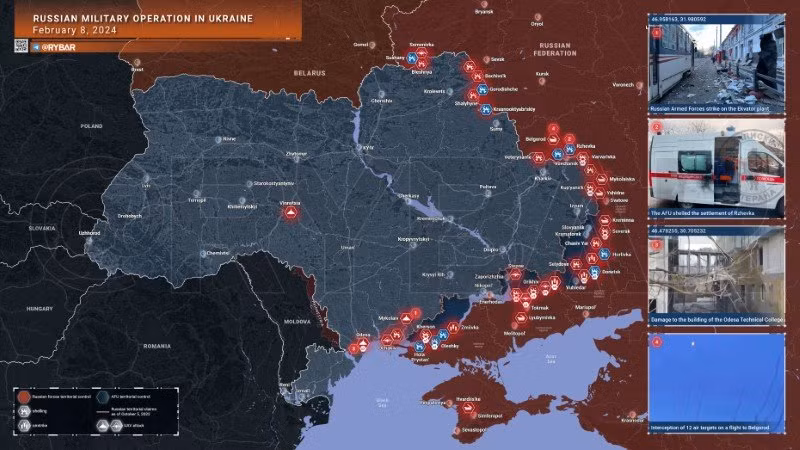 Bản đồ chiến sự Ukraine ngày 8/2. (Ảnh: Rybar)