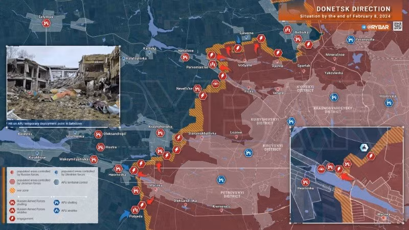 Bản đồ chiến sự Ukraine ngày 8/2. (Ảnh: Rybar)