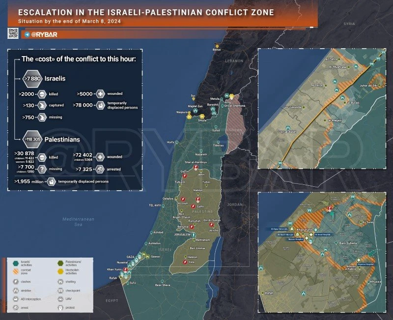 Bản đồ xung đột Israel - Hamas ngày 8/3. (Ảnh: Rybar)