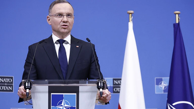 Tổng thống Ba Lan Andrzej Duda phát biểu trước khán giả trong cuộc họp báo tại trụ sở NATO ở Brussels, ngày 14/3. (Ảnh: AFP)