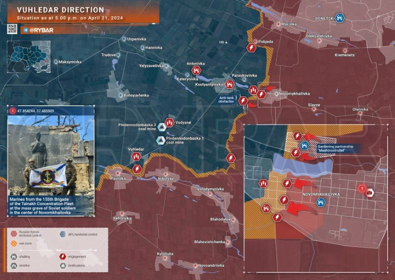 Bản đồ chiến sự Ukraine ngày 21/4, hướng Vuhledar. (Ảnh: Rybar) Bản đồ chiến sự Ukraine ngày 21/4, hướng Vuhledar. (Ảnh: Rybar)