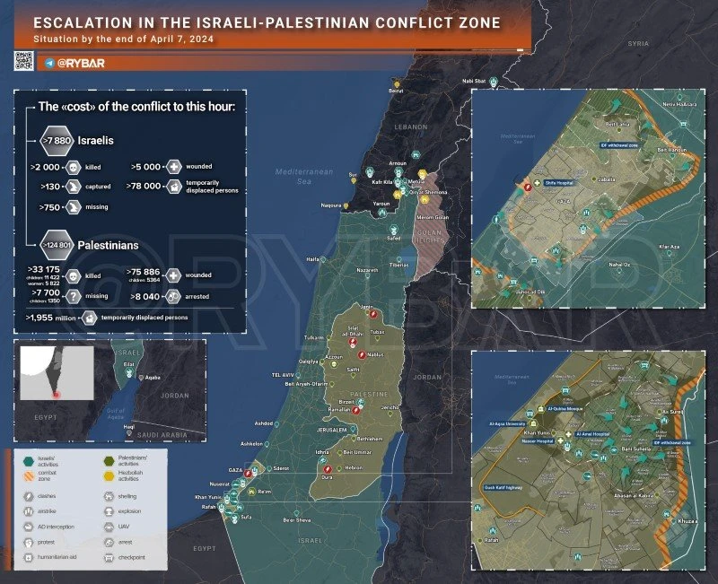 Bản đồ xung đột Israel - Hamas ngày 7/4. (Ảnh: Rybar)