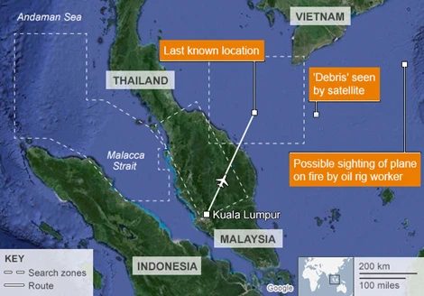 Vùng tìm kiếm đã được mở rộng rất xa so với quy mô ban đầu là dọc lộ trình của máy bay từ từ Kuala Lumpur đi Bắc Kinh.
