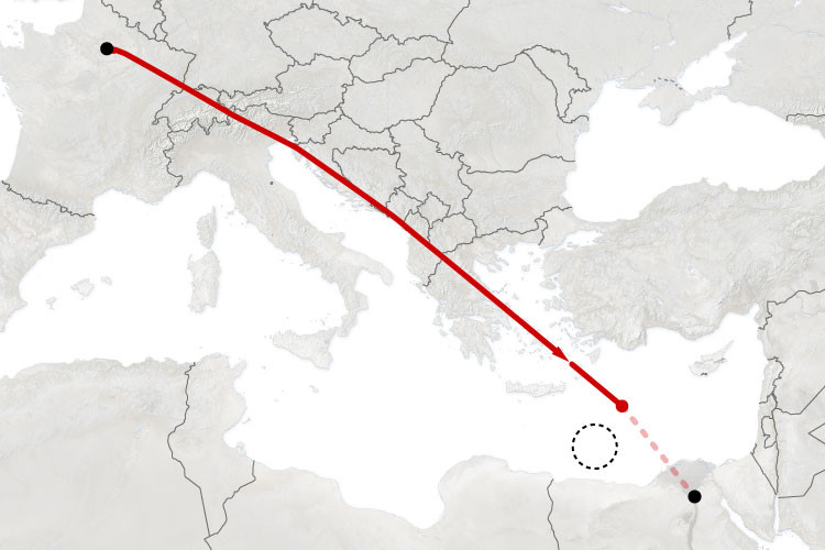 Chuyến bay MS804 xuất phát từ Paris lúc 23h09 ngày 18/5 và dự kiến tới Cairo lúc 3h15 ngày 19/5. Đồ họa: New York Times Chuyến bay MS804 xuất phát từ Paris lúc 23h09 ngày 18/5 và dự kiến tới Cairo lúc 3h15 ngày 19/5. Đồ họa: New York Times
