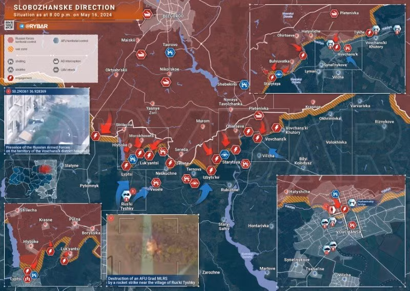 Bản đồ chiến sự Ukraine ngày 16/5, hướng Slobozhanske. (Ảnh: Rybar)