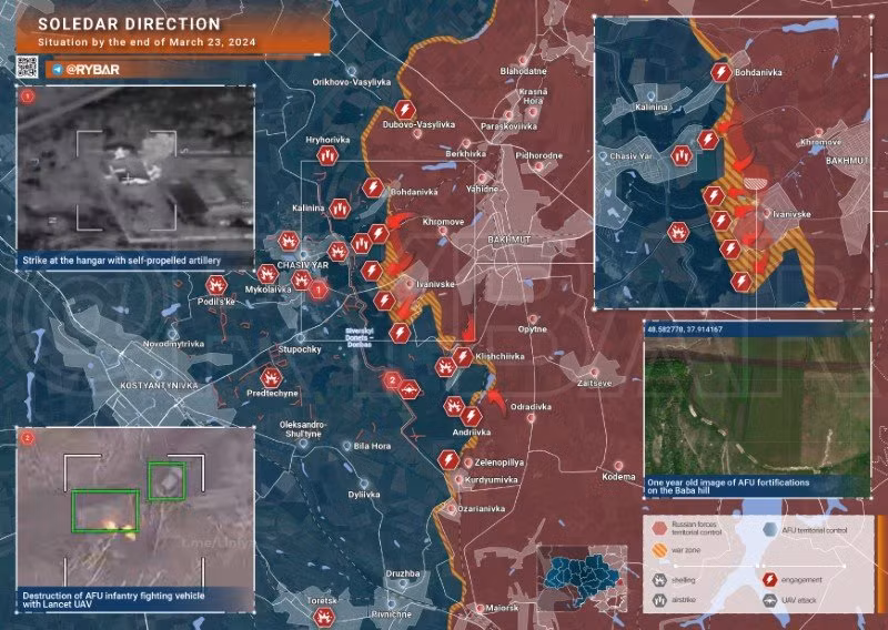 Bản đồ chiến sự Ukraine ngày 23/3, khu vực Soledar. (Ảnh: Rybar) Bản đồ chiến sự Ukraine ngày 23/3, khu vực Soledar. (Ảnh: Rybar)