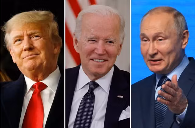Cựu Tổng thống Mỹ Donald Trump (trái), Tổng thống Mỹ Joe Biden (giữa) và Tổng thống Nga Vladimir Putin.
