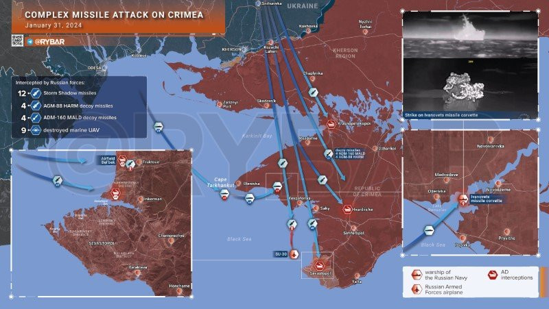 Đợt tấn công hỗn hợp do quân đội Ukraine thực hiện nhắm vào bán đảo Crimea ngày 1/2. (Ảnh: Rybar) Đợt tấn công hỗn hợp do quân đội Ukraine thực hiện nhắm vào bán đảo Crimea ngày 1/2. (Ảnh: Rybar)