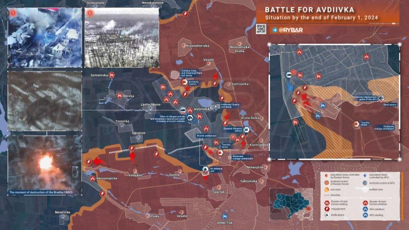 Bản đồ chiến sự Ukraine ngày 1/2, khu vực Avdeevka. (Ảnh: Rybar) Bản đồ chiến sự Ukraine ngày 1/2, khu vực Avdeevka. (Ảnh: Rybar)