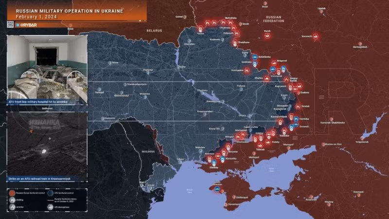Bản đồ chiến sự Ukraine ngày 1/2. (Ảnh: Rybar)