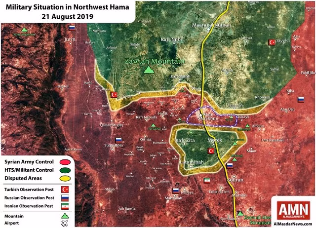 Màu đỏ: Khu vực Quân đội Syria kiểm soát; Màu xanh: Khu vực do nhóm chiến binh Hay"at Tahrir Al-Sham kiểm soát; Màu vàng: Khu vực tranh chấp. Bản đồ cập nhật ngày 21/8.